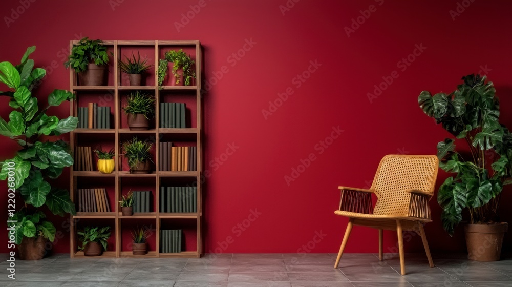 Fototapeta premium Modern Home Office Interior Bookshelf Plants Chair Red Wall