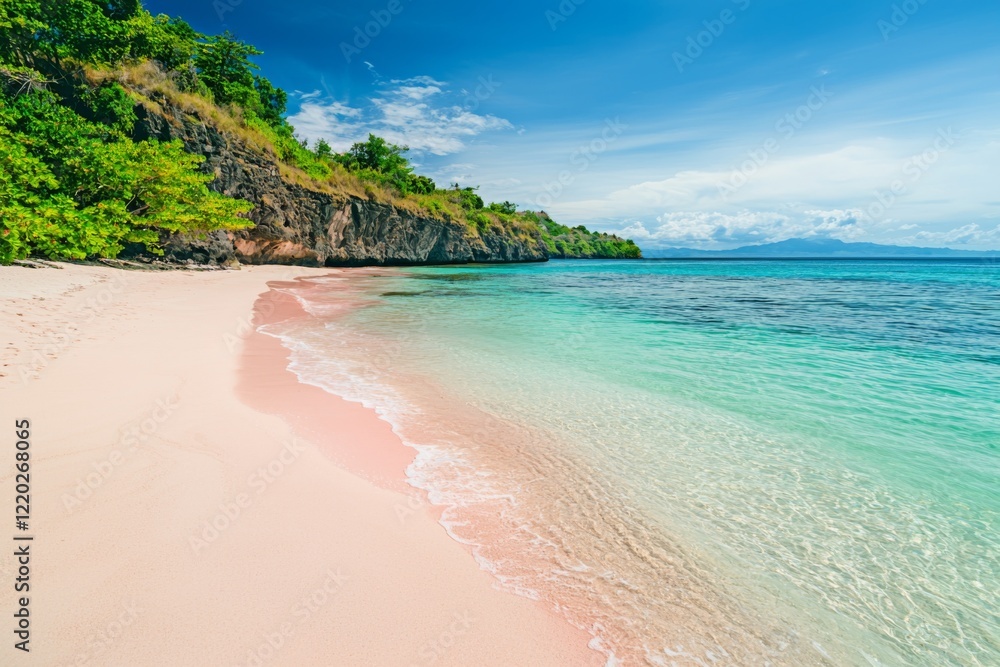 Fototapeta premium idyllic pink sand beach with shimmering turquoise sea water, showcasing a peaceful atmosphere with soft waves and distant islands