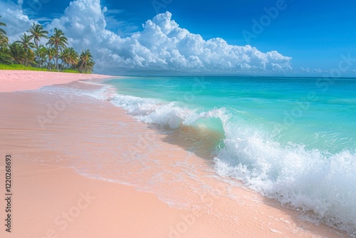 idyllic pink sand beach with shimmering turquoise sea water, showcasing a peaceful atmosphere with soft waves and distant islands
