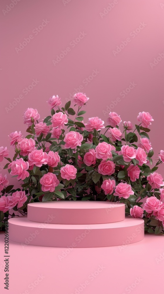 Beautiful Pink Roses with Circular Pedestal in Soft Pink Background Beautiful Pink Roses with Circular Pedestal in Soft Pink Background