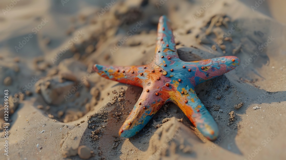 A tiny wooden starfish painted in vibrant ocean colors, isolated on a sandy-textured surface.