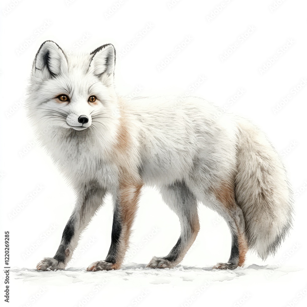 Obraz premium A beautiful arctic fox standing gracefully on a snowy landscape, showcasing its thick white fur and alert expression
