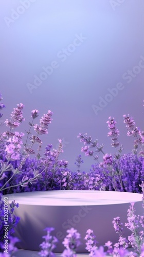 Serene Lavender Field with Podium in Soft Purple Background