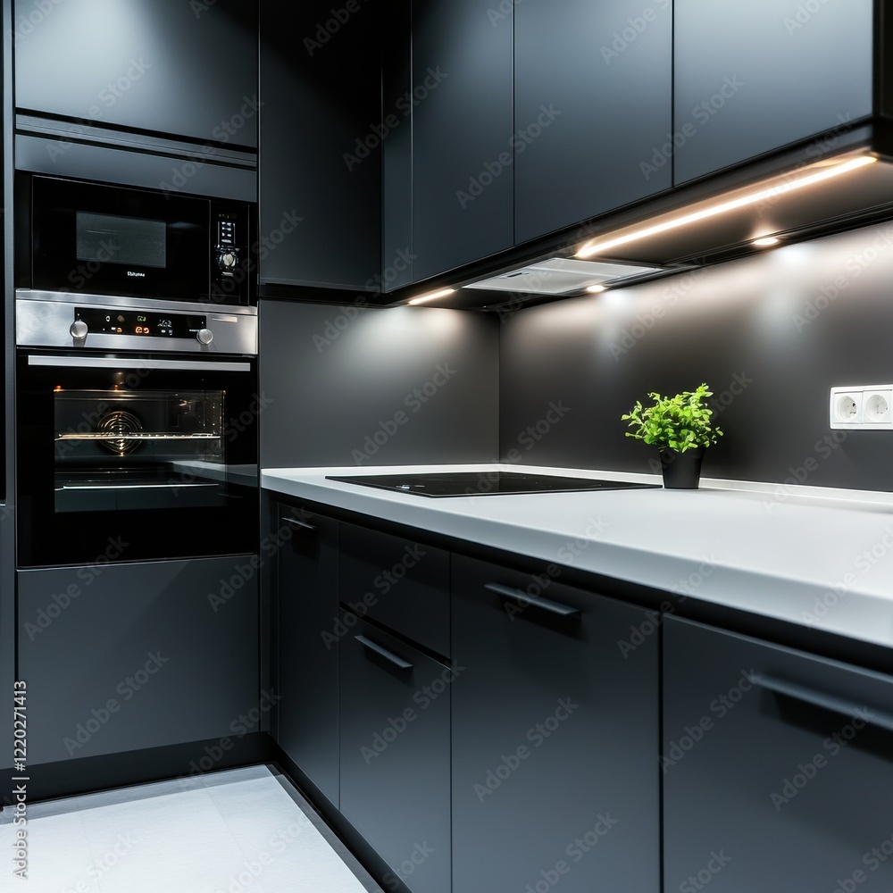 Fototapeta premium A modern black kitchen featuring sleek cabinetry, built-in appliances, and a small potted plant for a touch of greenery.