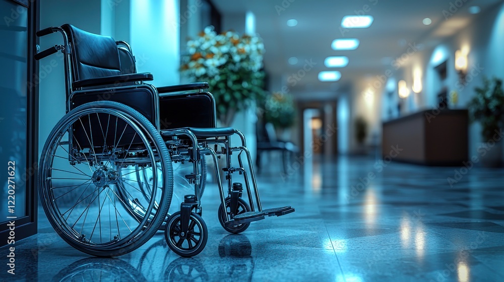 Wheelchair on hospital floor. Indoor hallway and reception desk background. Use health Wheelchair on hospital floor. Indoor hallway and reception desk background. Use health