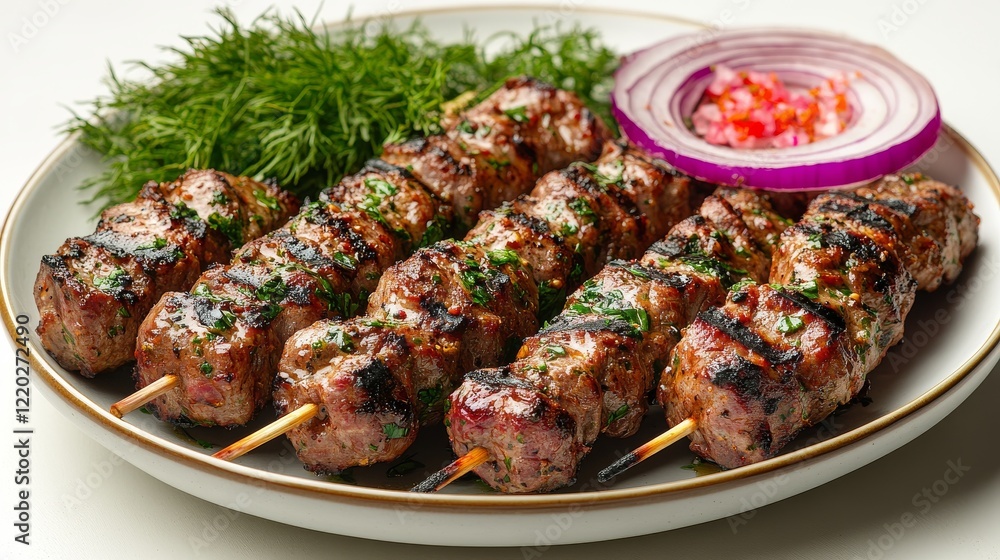 Grilled lamb skewers with herbs and red onion on a white plate.