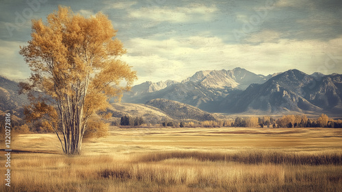 Rustic Scenery with Trees and Fields, Captured in a Soft, Earthy Color Palette.