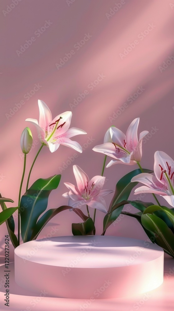 Elegant Lily Arrangement on Soft Pink Background with Shadows Elegant Lily Arrangement on Soft Pink Background with Shadows