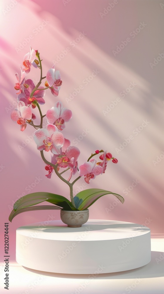 Elegant Pink Orchid Arrangement on White Display with Soft Lighting Elegant Pink Orchid Arrangement on White Display with Soft Lighting