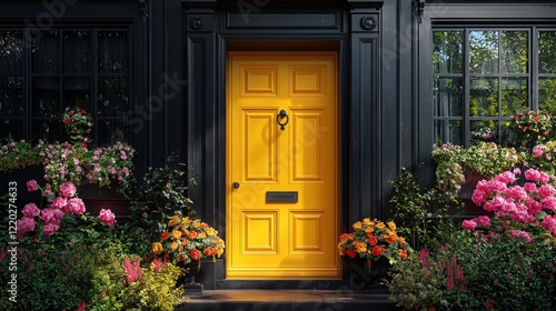 Yellow door facade with potted flowers at a black house, for home design