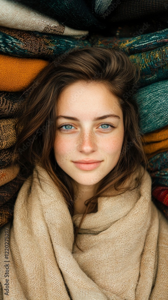 Woman with Freckles Wrapped in Colorful Textiles Woman with Freckles Wrapped in Colorful Textiles