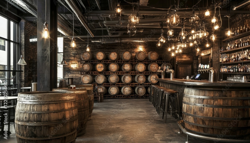 beer barrel storage in an American bar, showcasing the rich wood grain and labels of various craft beers, evoking a sense of tradition beer barrel storage in an American bar, showcasing the rich wood grain and labels of various craft beers, evoking a sense of tradition