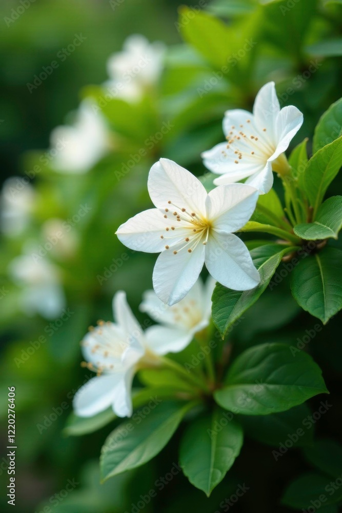 Delicate white azalea blooms unfolding on a lush green shrub, shrub, greenery, garden Delicate white azalea blooms unfolding on a lush green shrub, shrub, greenery, garden