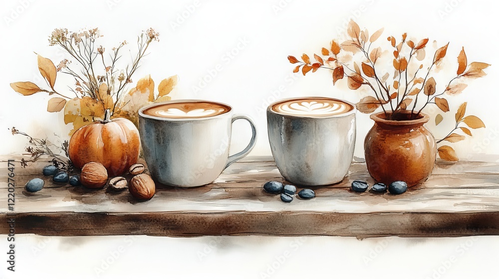Autumnal latte art, pumpkins, nuts, berries, and branches on wooden surface. Autumnal latte art, pumpkins, nuts, berries, and branches on wooden surface.