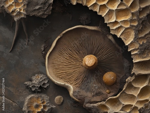 Macro view of decayed mushrooms with gills surrounded by decomposing textures and earthy tones photo