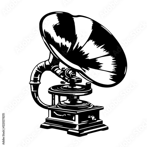 An SVG artwork of a retro gramophone with a large, flared horn and a vinyl record spinning on its turntable. The design includes details of the horn’s ridges and the record’s grooves.