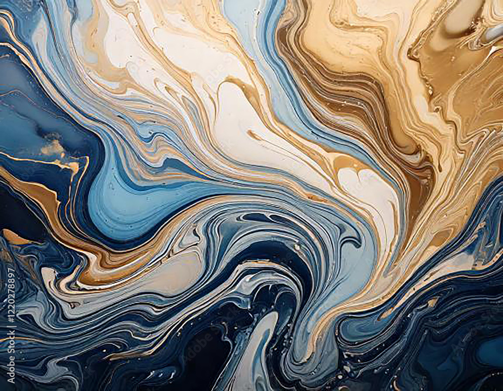 Fototapeta premium The abstract pattern resembles a mix of blue and beige fluids, creating a marble effect with swirling lines.