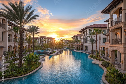 tropical resort pool with sunset reflections, featuring luxurious lounge areas and a backdrop of colorful sky and exotic flowers