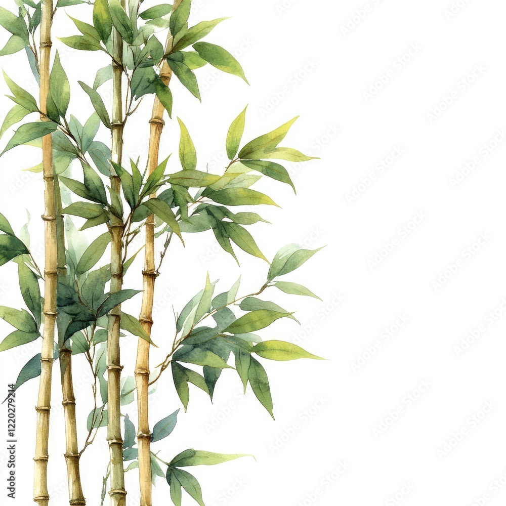 Fototapeta premium Lush bamboo stalks and vibrant green leaves create a serene botanical composition against a white background