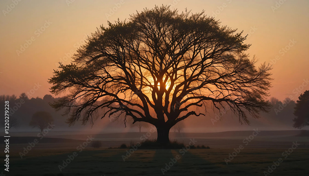 A solitary tree stands in a field, illuminated by the soft light of sunrise, showcasing the beauty of early morning, Generative AI. A solitary tree stands in a field, illuminated by the soft light of sunrise, showcasing the beauty of early morning, Generative AI.