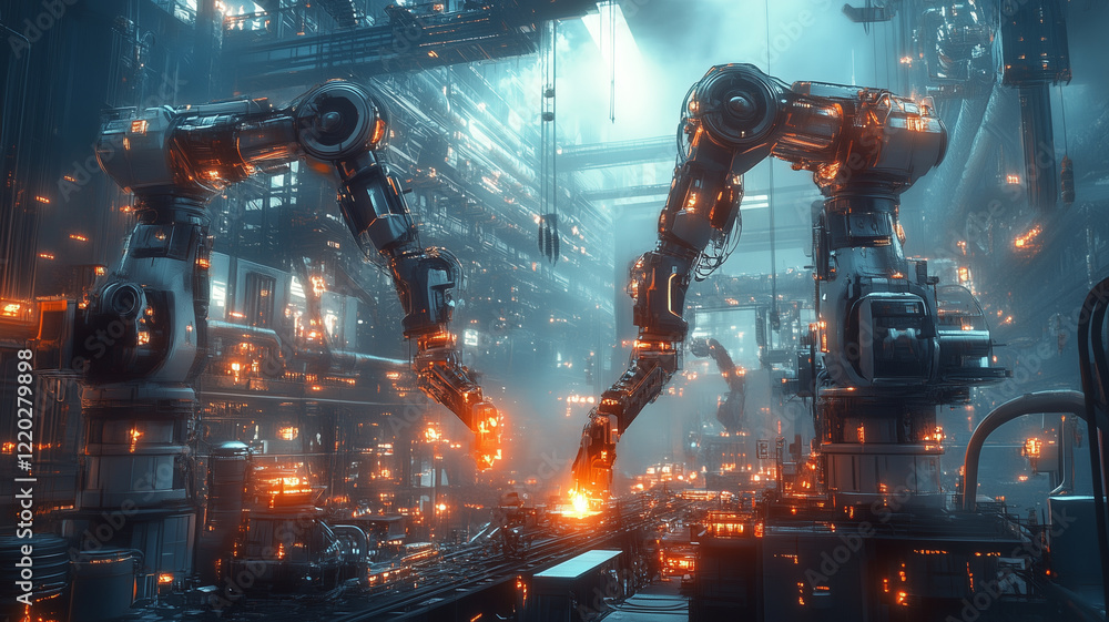 Fototapeta premium Industrial Robots Welding Metal in a Factory Setting