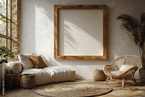 Large empty wooden frame on wall in boho - style interior with sofa, armchair, wicker chair. Beige, minimalistic style with soft lighting. photo