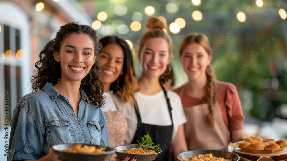 group of women smiling while organizing community fundraiser event, holding dishes of food. setting is outdoors with decorative lights in background, creating warm and inviting atmosphere group of women smiling while organizing community fundraiser event, holding dishes of food. setting is outdoors with decorative lights in background, creating warm and inviting atmosphere
