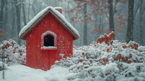Small red house sits in a snowy forest, use for holiday or winter themes