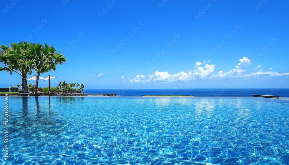 Fototapeta premium Infinity pool overlooking a serene ocean under a vibrant blue sky.