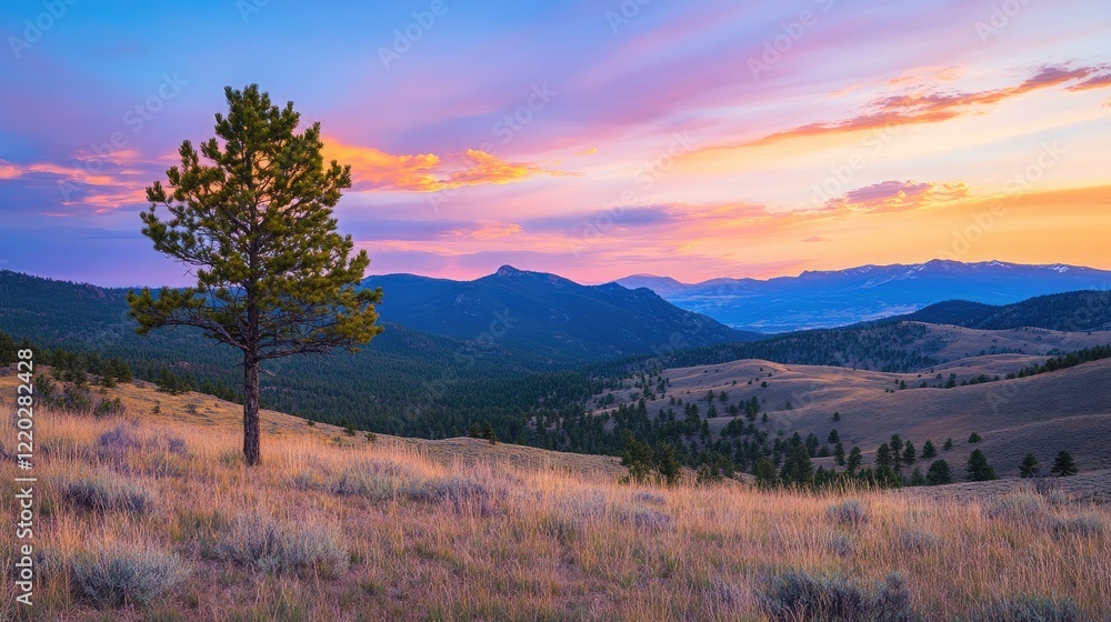 Sunset colors fill the sky over the Rocky Mountains' Front Range, with a lone Ponderosa pine standing watch over the hills. Sunset colors fill the sky over the Rocky Mountains' Front Range, with a lone Ponderosa pine standing watch over the hills.