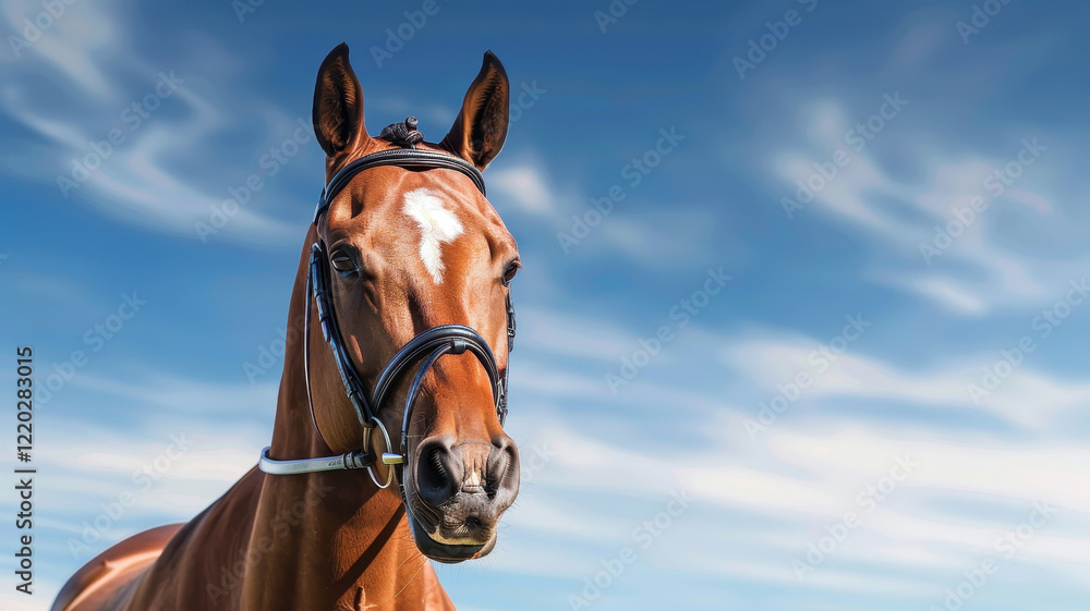 Obraz premium majestic brown horse with bridle stands against clear blue sky, exuding grace and strength. horse attentive gaze and sleek coat highlight its beauty and elegance
