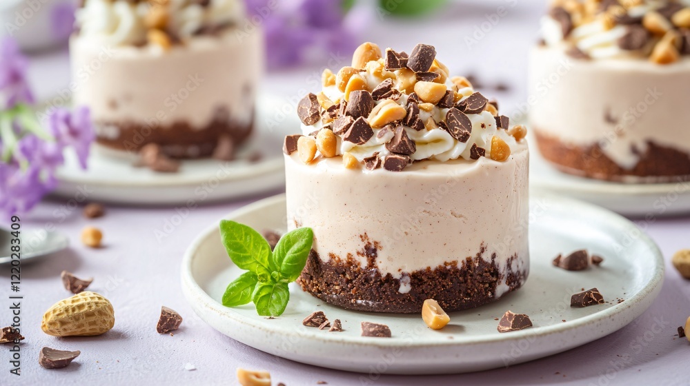 Miniature vegan ice cream cakes topped with roasted peanuts and cocoa nibs, isolated on a soft lavender background Miniature vegan ice cream cakes topped with roasted peanuts and cocoa nibs, isolated on a soft lavender background