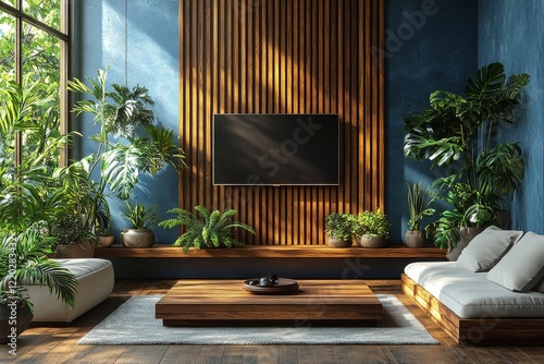 Empty wall with wooden slats and a centered flat - screen TV in a minimalist modern room with blue walls, light wood floor, white furniture, plants and natural light photo