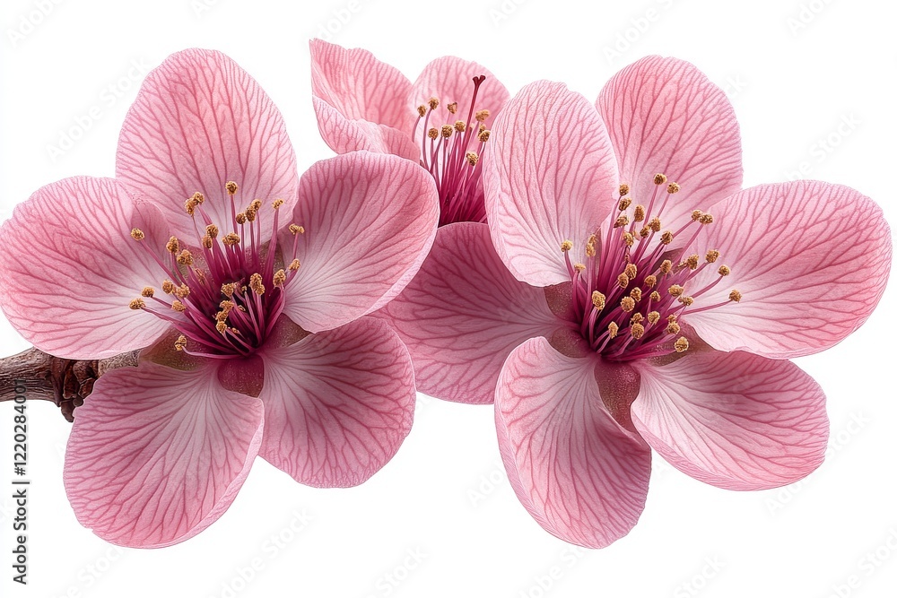 Pink peach blossom flower with stamens and petals on white background. Realistic floral view. Pink peach blossom flower with stamens and petals on white background. Realistic floral view.