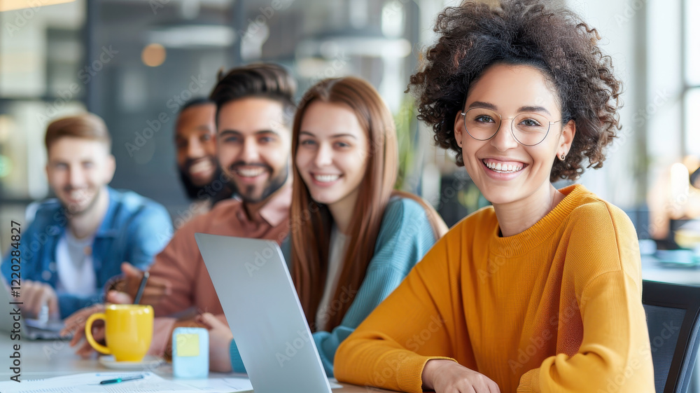 Obraz premium diverse group of young professionals smiling and collaborating in modern office setting, showcasing teamwork and creativity