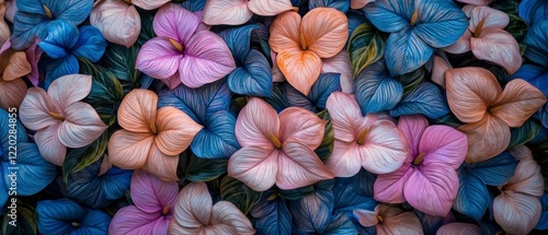 Lush Tropical Anthurium Blooms  Pink  Blue  Peach Floral Wallpaper