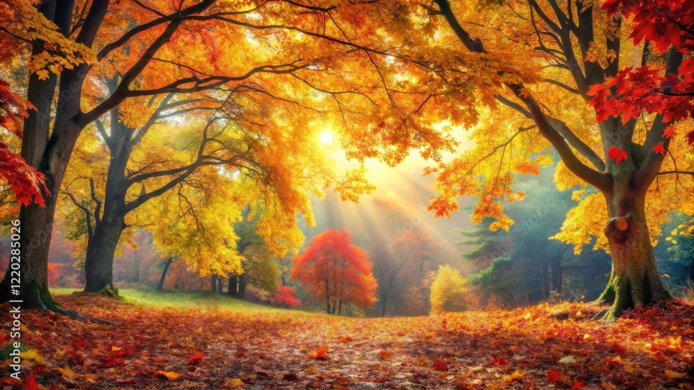 Fototapeta premium autumn leaf tree forest foliage nature scene, vibrant colors, autumn landscape