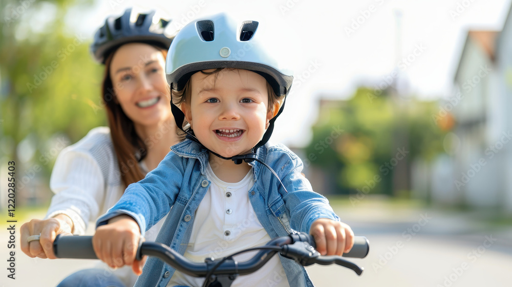 Fototapeta premium joyful child wearing helmet rides bicycle with smiling parent guiding them on sunny day