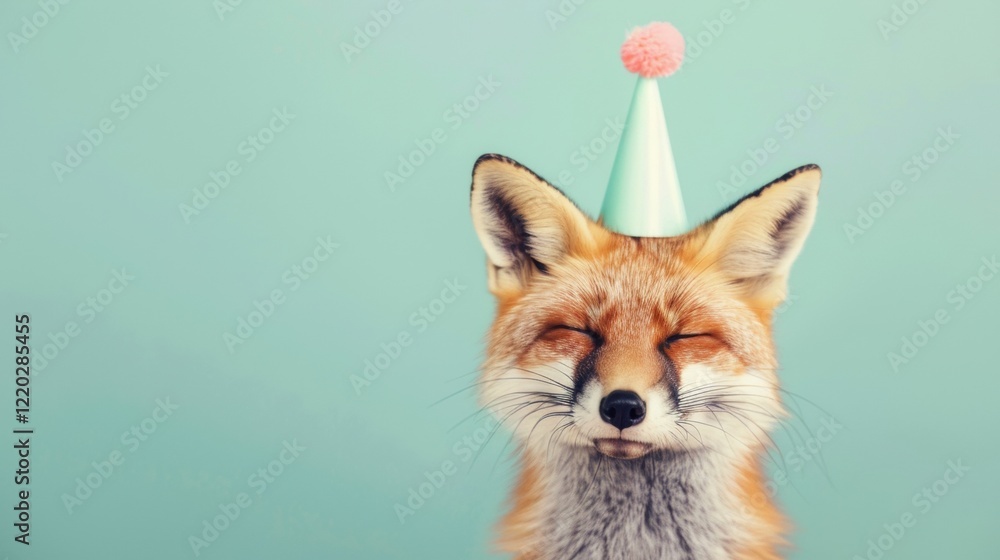Obraz premium A joyful fox wearing a green party hat smiles happily, bringing a whimsical atmosphere to a festive setting