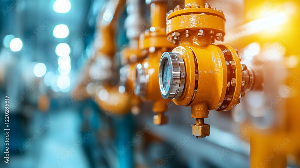 Industrial Pipeline System Close Up Of Valves And Gauges In A Factory Setting Industrial Pipeline System Close Up Of Valves And Gauges In A Factory Setting