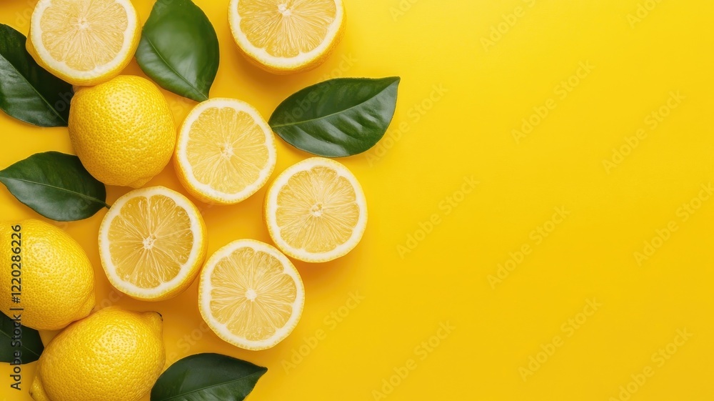 Fresh lemons and green leaves on vibrant yellow background Fresh lemons and green leaves on vibrant yellow background