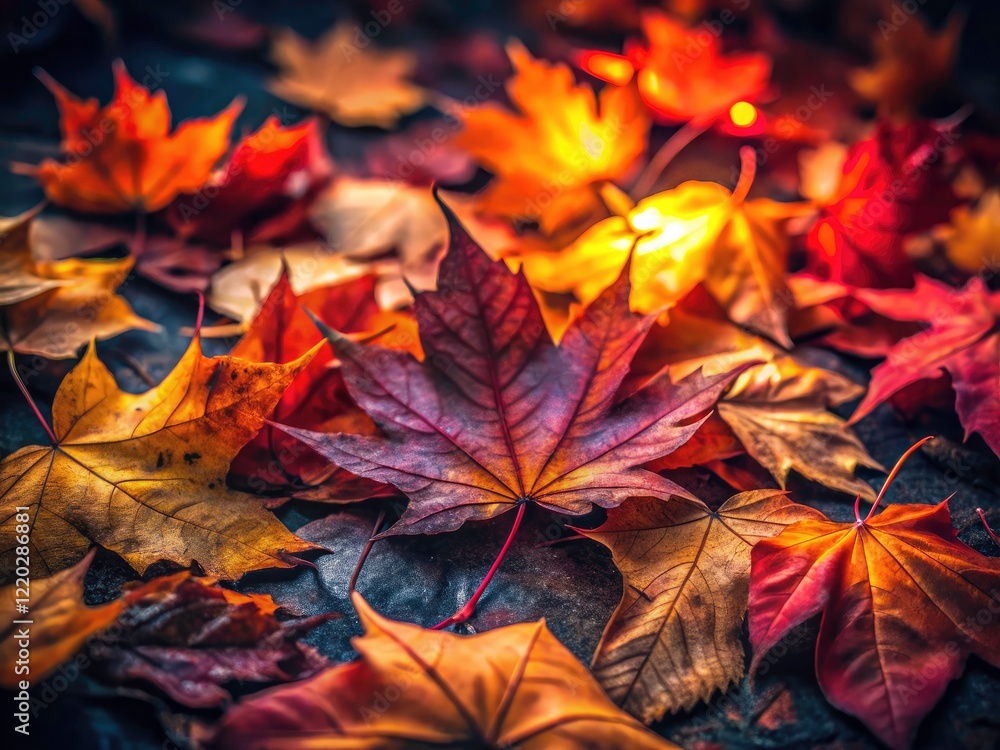 Dark, moody fall leaves photographed at night, showcasing vibrant colors in low-light conditions. Dark, moody fall leaves photographed at night, showcasing vibrant colors in low-light conditions.