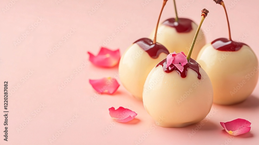 Cherries coated in white chocolate, garnished with edible rose petals, isolated on pastel peach Cherries coated in white chocolate, garnished with edible rose petals, isolated on pastel peach
