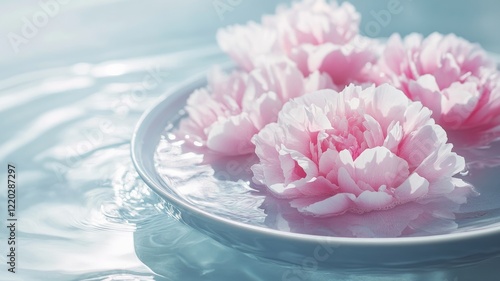 Close-up of pink flowers floating on water in white dish photo