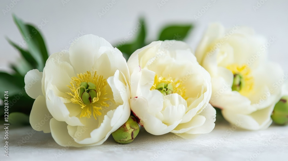Three delicate white peonies in bloom with green foliage