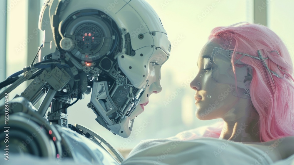 Fototapeta premium In a cozy bedroom, a robot gazes at a human woman with pink hair as they lie on a bed together, illuminated by gentle morning sunlight