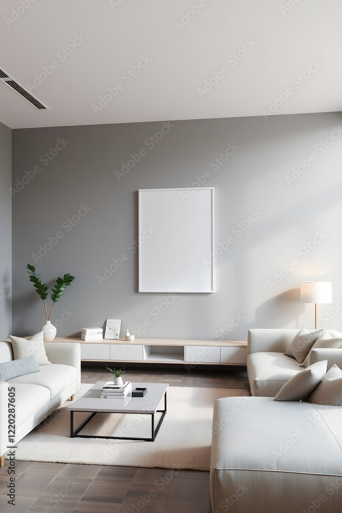 Fototapeta premium Modern Living Room with Sleek Furniture, Neutral Tones, and Warm Lighting Featuring ISO A Paper Size Poster Frame