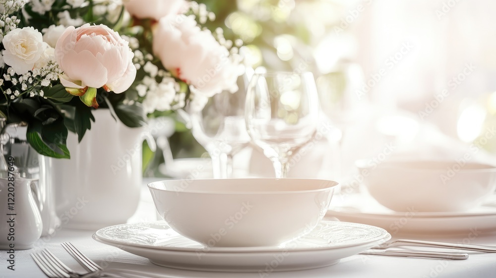 Elegant table setting with white dishes and floral centerpiece on sunlit Elegant table setting with white dishes and floral centerpiece on sunlit