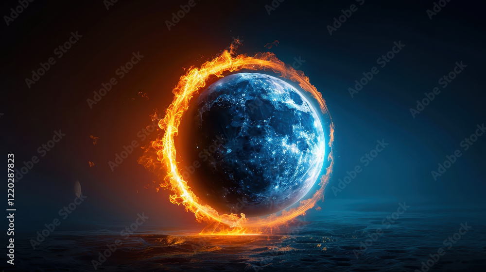 Obraz premium celestial scene depicts solar and lunar eclipse forming fiery ring, symbolizing cosmic balance and energy. glowing fire contrasts with cool, dark background, creating dramatic effect