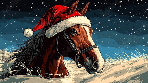 Horse in Santa hat in snowy field at night